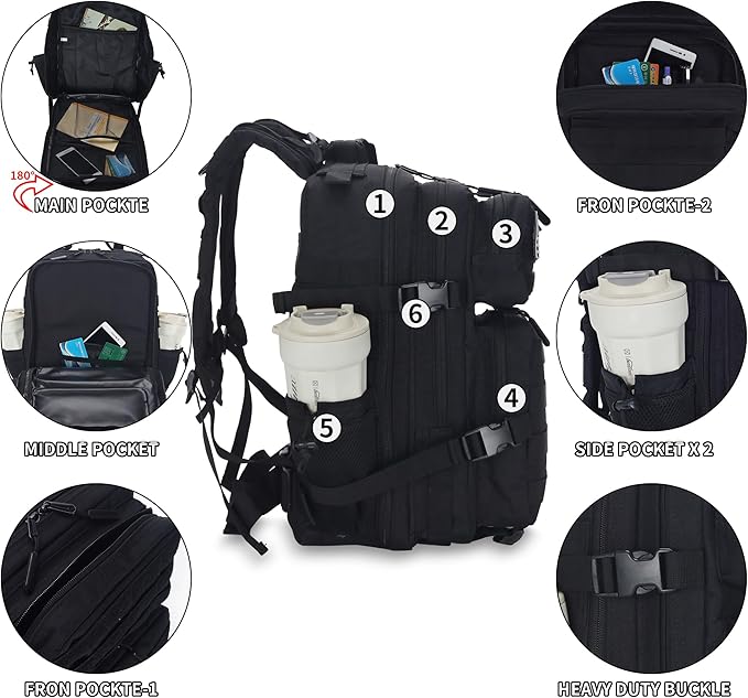 25L/45L Tactical Backpack Military Tactical Backpack Heavy Duty Molle Assault Pack for Work Gym Outdoors (1.0 25L-black, Small)