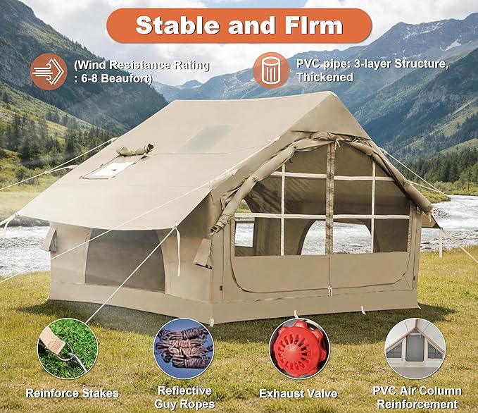 Inflatable Tents for Camping with Stove Jack, 2/4/6/8 Person Easy Setup Blow Up Tents for 4 Seasons Waterproof Inflatable Camping Tent with Awning, Air House Glamping Tents for Camping Adult