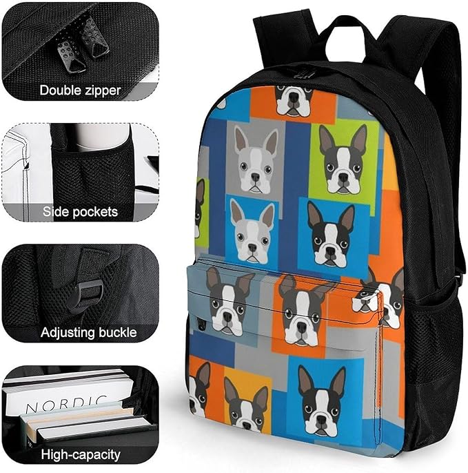 Rucksacks Lightweight Multipurpose Anti-Theft Boston Terrier Dogs Cartoon Shoulder Bag Big Capacity Traveling Camping Backpack With Side Pockets