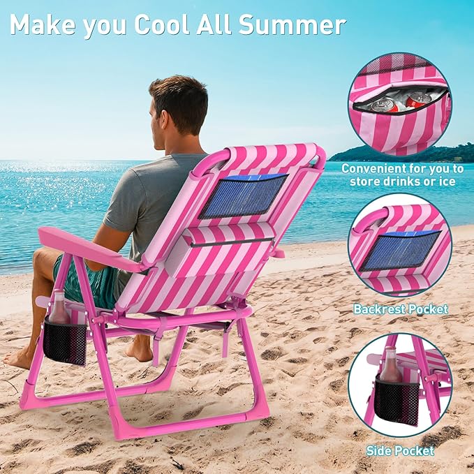 Suteck Backpack Beach Chairs for Adults 2 Pack, 6-Position Folding Reclining Chair with Cooler Bag & Cup Holder, Lightweight Portable Beach Chair for Camping, Outdoor, Sand, Travel Use