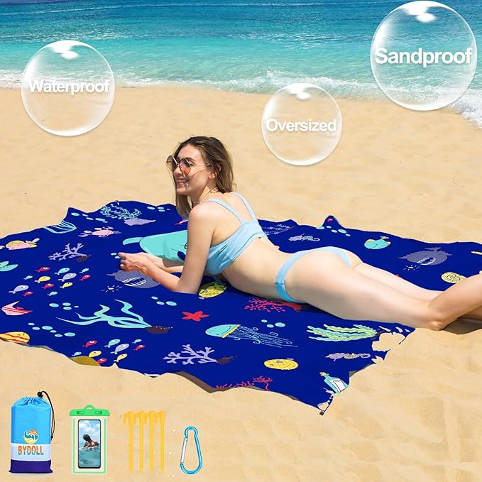 BYDOLL Beach Blanket Waterproof Sandproof Large 78''×81''/10'×9' Sand Free Oversized Sandless Picnic Mat Water Proof Packable Lightweight Blanket for Beach Camping Hiking Travel