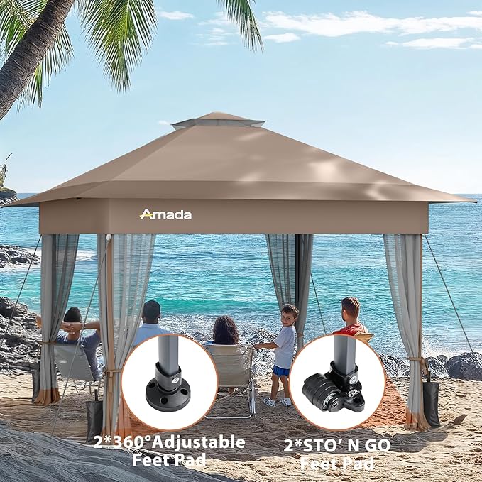Amada 13x13 Pop Up Gazebo for Backyard & Patio Furniture,Gazebos on Clearance with Wheeled STO-N-Go Cover Bag,Carpa Pop Up Tent Party Tent and Shelter with Mosquito Netting for Lawn,Garden,Deck,Khaki