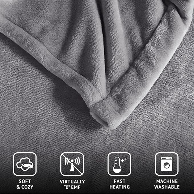 Beautyrest Heated Electric Blanket for Cold Weather, Fast Heating Heated Blanket, Auto Shut Off, Virtually Zero EMF, Multi Heat Setting, UL Certified, Grey Throw (60 inx70 in), 60x70