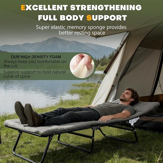 XMT Camping Cot with Mattress, 550LBS(Max Load), Portable Folding Outdoor Bed for Adults Kids, Double Layer 1200D, Heavy Duty Cot for Traveling Gear Supplier, Office Nap, Home Lounging(Grey)
