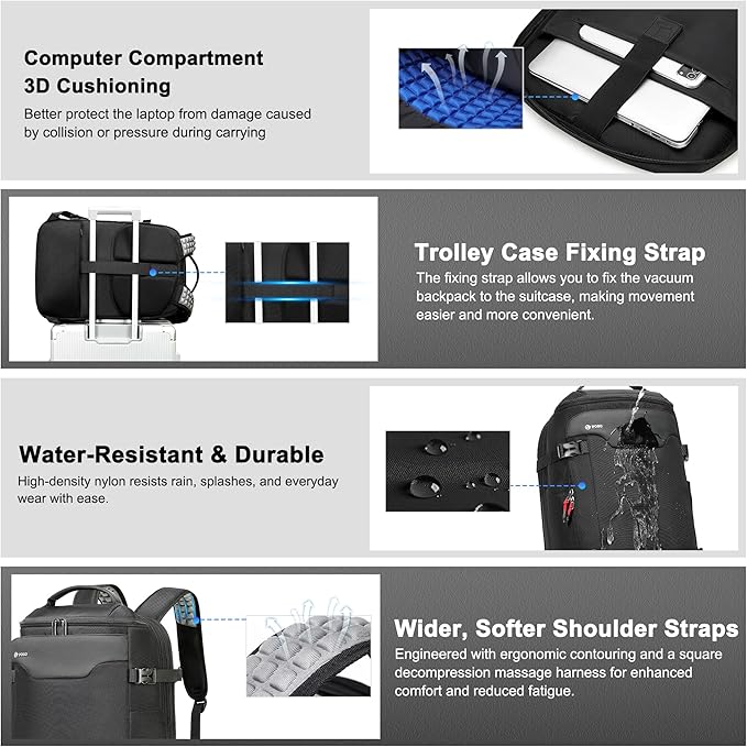 P POSO Vacuum Backpack Travel 60L Expandable Vacuum Seal Compression Travel Backpack with Pump, Laptop Compartment, Water-Resistant Business & Travel Carry-On Easyvacpack Vacuum Christmas Gift for Men