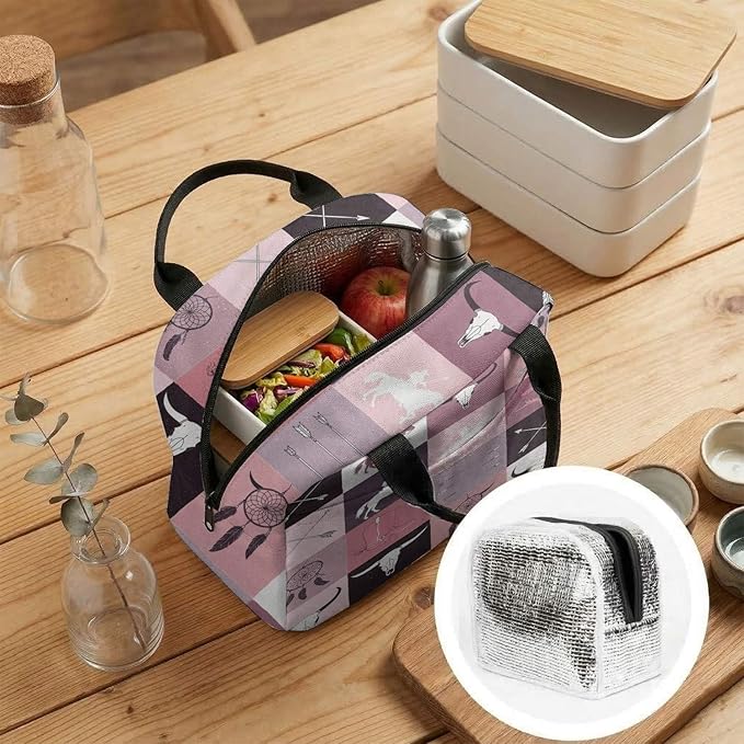 Western Retro Denim Insulated Lunch Bag Bear Deer Bird Nature Landscape Cactus Thermal Tote Portable Size (05)