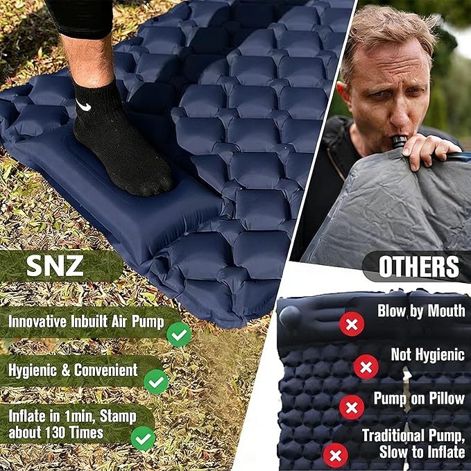SNZ Camping Sleeping Pad, Ultralight Camping Mat with Pillow, Built-in Foot Pump Inflatable Sleeping Pads Compact for Backpacking, Tent, Travel, Outdoor Activities (Single)