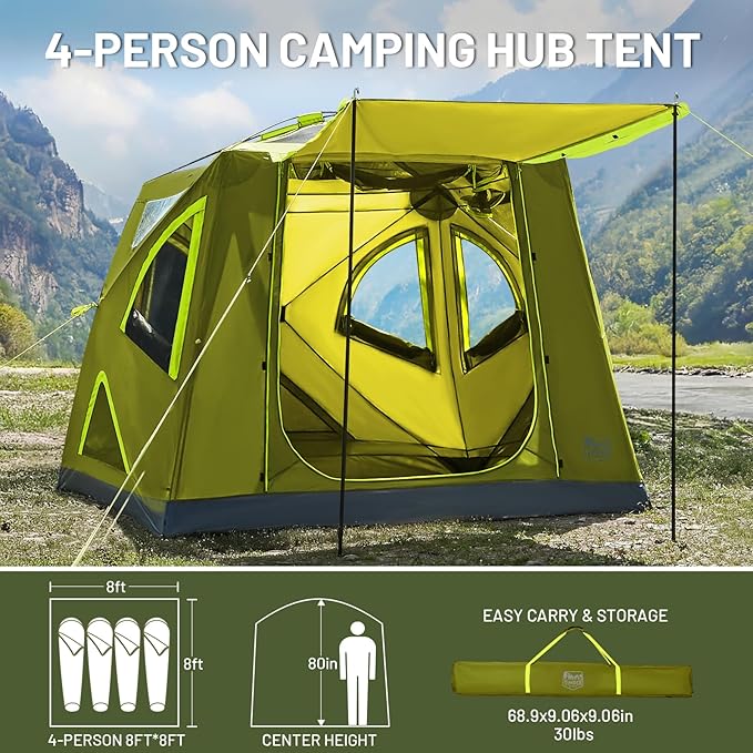TIMBER RIDGE Camping Tent, 4 Person Instant Pop Up Hub Tent with 8 Windows, Easy 60 Second Setup, Weather Resistant Family Cabin Tents with Rain Fly for Camping, Hiking, Outdoor Travel