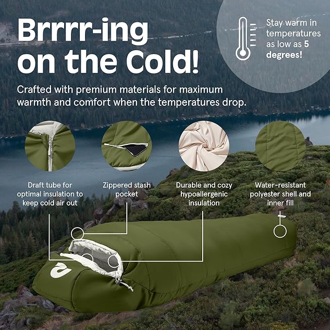 Retrospec Dream Mummy Sleeping Bag - 30°F Camping & Travel Essential Gear with Water - Resistant Shell & Synthetic Fill - Zippered Pocket & Stuff Sack