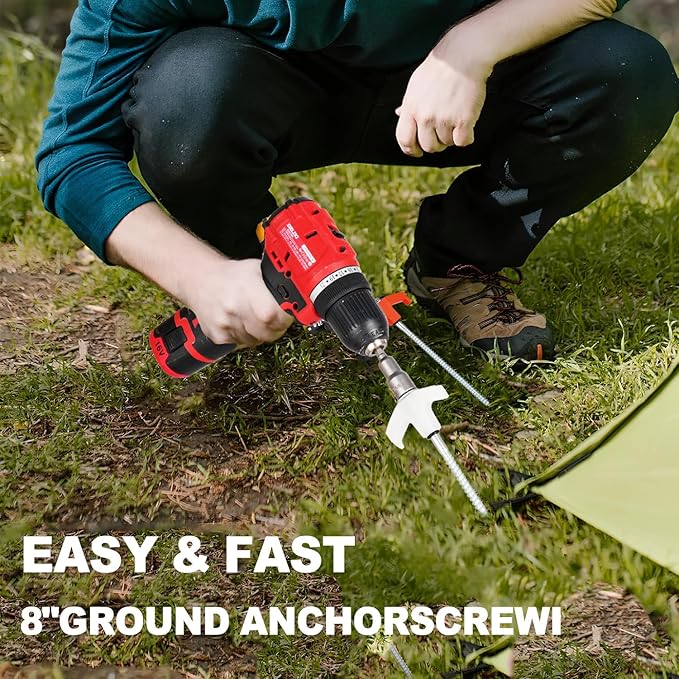 10PCS Camping Tent Stakes - Heavy Duty, 8 Inch Screw in, Nightglow Metal, with Hex Head Driver, Nail Lifter, Ropes, White