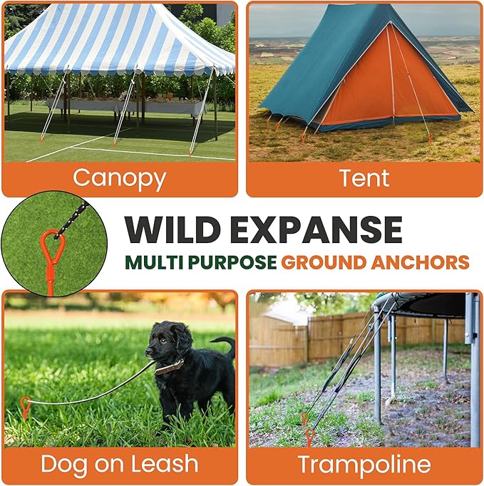 15 inch 4 Pack Ground Anchor Stakes, High Visibility Multi-Purpose Heavy Duty Metal Earth Augers for Tents, Canopies, Trampoline Sheds, Car Ports, Swing Sets, (Orange-4 Pack)