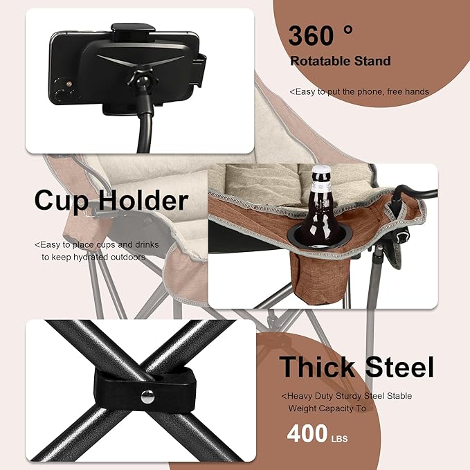Northroad Oversized XL Padded Camping Chair w/Cell Phone Holder, Large Camp Chair, Foldable Lawn Chair w/Cup Holder,Carry Bag for Outdoor Hiking, Picnics, Heavy-Duty 400-lbs Capacity, Moca