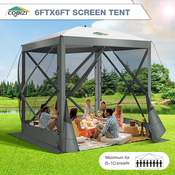 COBIZI 6x6FT Pop Up Gazebo Screen Tent Screen House for Camping, Screen Room with Mosquito Netting, Hub Tent Instant Screened Canopy with Carrying Bag and Ground Stakes, Gray