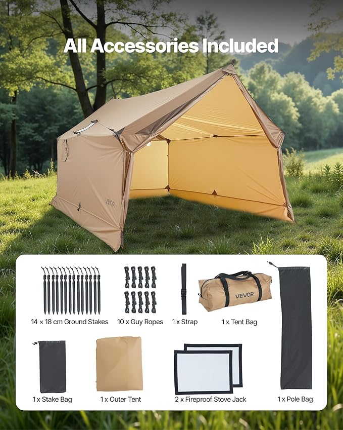 VEVOR Hot Tent, Camping Tipi Hot Tents with Stove Jack, Portable Winter Camping Tents with Snow Skirt, Easy Setup, Waterproof 4 Season Shelter Tents for Fishing Backpacking