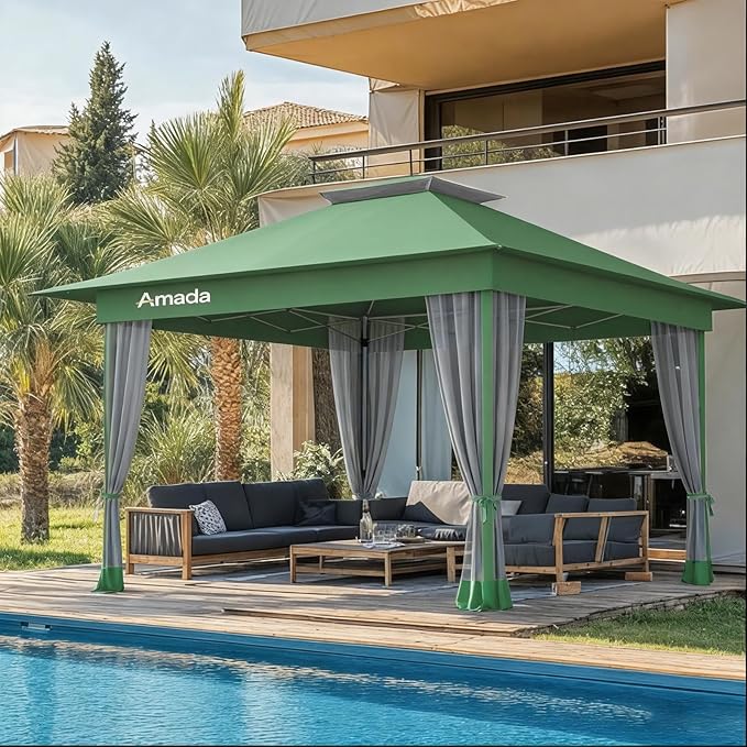 Amada 13x13 Pop Up Gazebo for Backyard & Patio Furniture,Gazebos on Clearance with Wheeled STO-N-Go Cover Bag,Carpa Pop Up Tent Party Tent and Shelter with Mosquito Netting for Lawn,Garden,Deck,Green