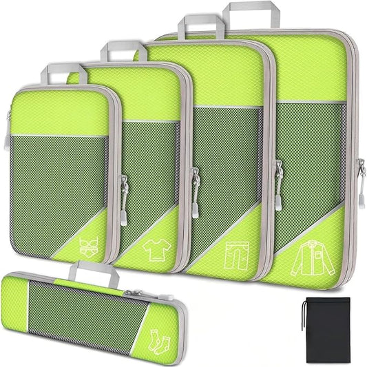 6Pcs Compression Packing Cubes Set, Waterproof Travel Luggage Organizer with Drawstring Bag, Lightweight Nylon Suitcase Storage Bags for Travel Camping Business Trip