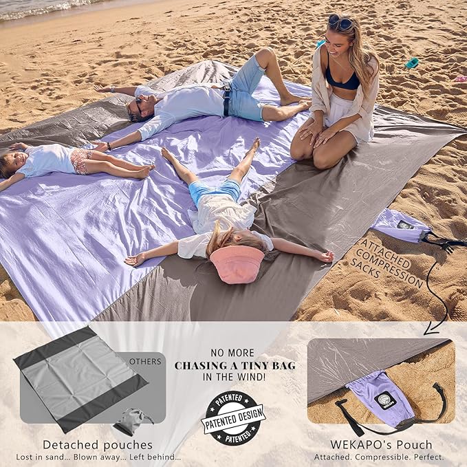 WEKAPO Beach Blanket Sandproof Waterproof, Extra Large Beach Mat, Oversized & Compact Sand Free Mat Quick Drying, Lightweight & Durable with Stakes & Corner Pockets