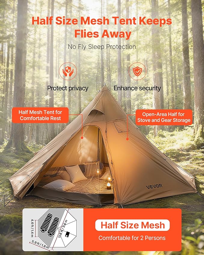 VEVOR Hot Tent, Camping Tipi Hot Tents with Stove Jack, Portable Winter Camping Tents with Snow Skirt, Easy Setup, Waterproof 4 Season Shelter Tents for Fishing Backpacking