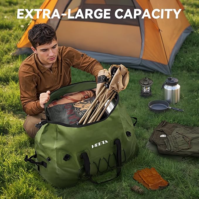 HEETA Waterproof Duffel Bag Motorcycle Dry Bag (Green 60L) Bundled with Self Inflating Sleeping Pad with Electric Pump, 4" Ultra Thick Memory Foam Camping Mattress
