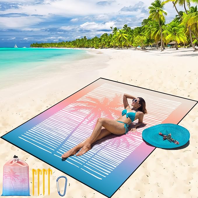 Beach Blanket Waterproof Sandproof Beach Mat 79" X 83"/10'x9'for 2-8 Adults Quick Drying Outdoor Picnic Mat Beach Accessories for Travel, Camping, Hiking