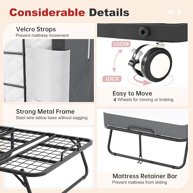 Superday Folding Bed with Mattress, 75” x 31” Portable Rollaway Bed, Twin Foldable Bed with 5" Mattress, Roll Away Beds for Adults, Fold up Beds for Guest Room&Small Apartment, Twin Size,Cot Size