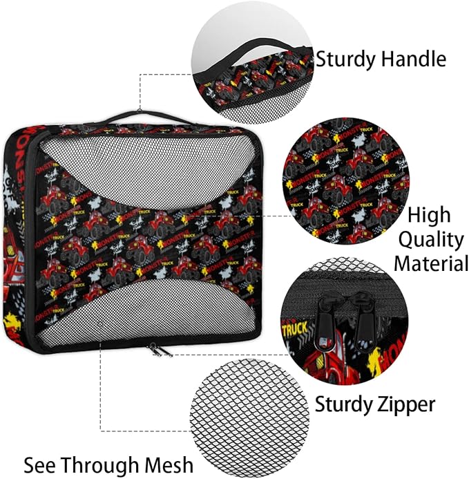Monster Truck Red Compression Packing Cubes for Travel,Expandable Cubes Storage Bag Carry on Luggage Organizers for Toiletry Clothes Shoe Accessories 4 Set