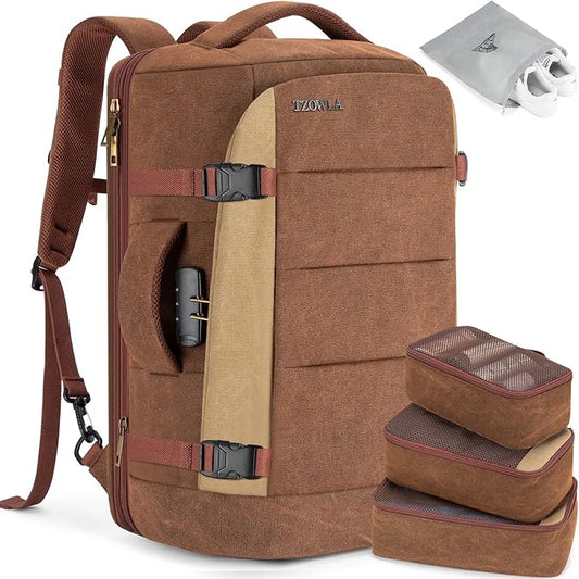 Tzowla 40L Canvas Expandable Travel Laptop Backpack for Men Women Carry on Flight Approved,Large Capacity Anti Theft Backpacks,Vintage Personal Item Bag Fit 17.3" Laptop(Brown & Khaki)