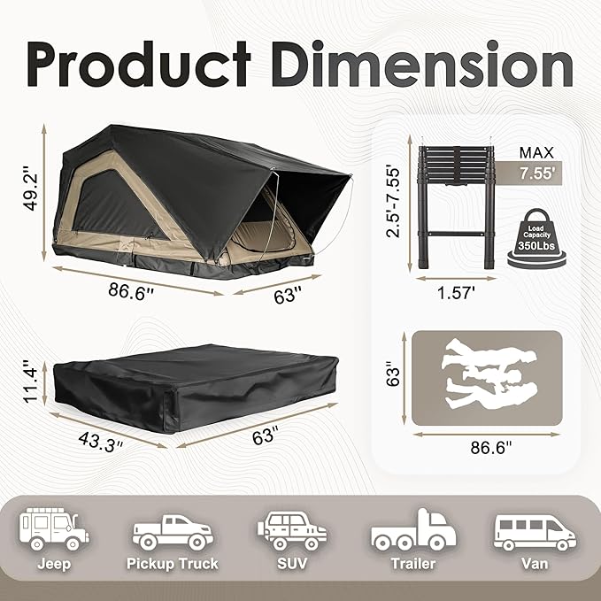 Rooftop Tent, Roof Top Tent for 2-3 Person, Blackout-Coated Polycotton & Oxford for UV Protection and Waterproof, with Aluminum Ladder, Skyview Window, Mattress, for Car/Truck/Jeep/SUV/Van