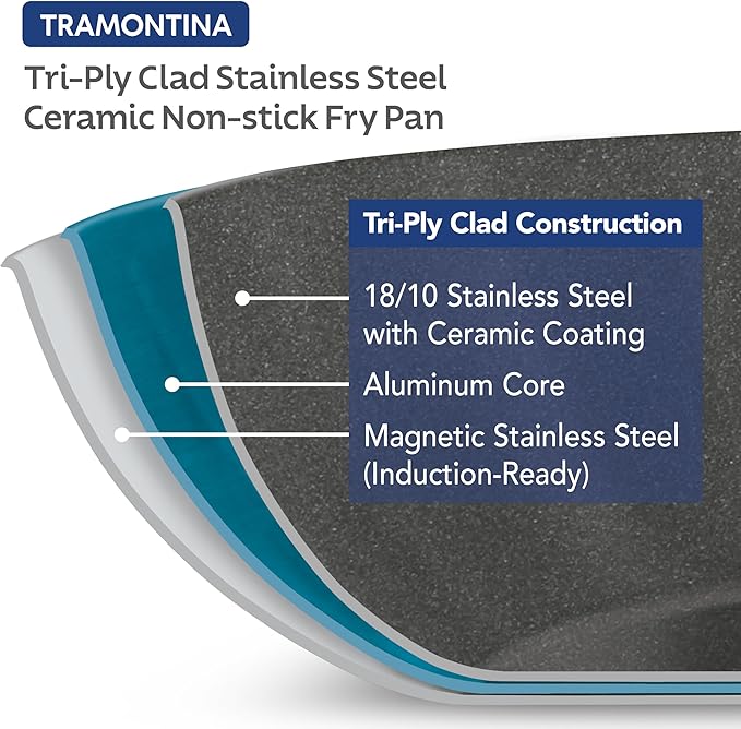Tramontina Signature 12-Inch Tri-Ply Clad Stainless Steel Large Frying Pan with Ceramic Non Stick Interior, Induction-Ready Nonstick Skillet, Oven-Safe, Made in Brazil