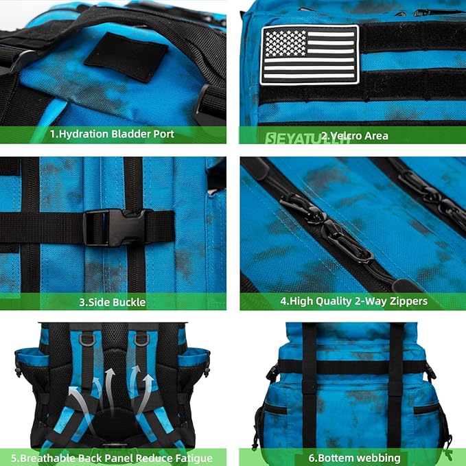 Military Tactical Backpack 55L for Men & Women Bug Out Bag Assault pack Molle Daypack Hiking Trekking Rucksack (Blue tie dye)