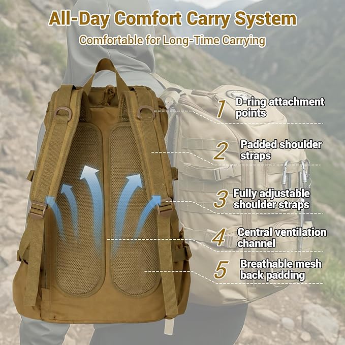 Lightweight Tactical Backpacks with Laptop Compartment for Men 40L EDC MOLLE Military Style 17 in Computer with Cup Holder Travel Hiking Daypack