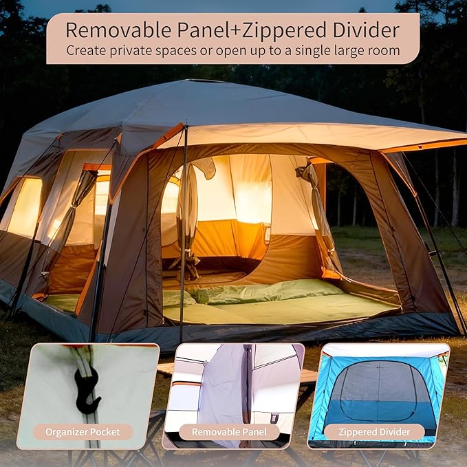 Large Family Standing Upright Camping Tent - 5-12 Persons Multi-Room Waterproof Tent with Screened Porch - Glamping Tent for Outdoor Camping & Family Vacation
