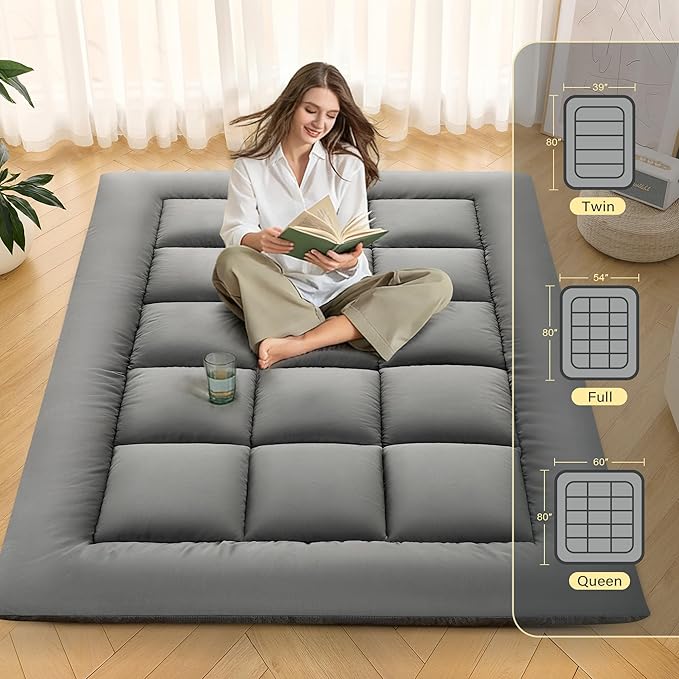 Japanese Floor Mattress, Foldable Futon Mattress Tatami Mat with Handle, Roll Up Dormitory Sleeping Pad for Camping, Guestroom Bed, Full Size, Grey