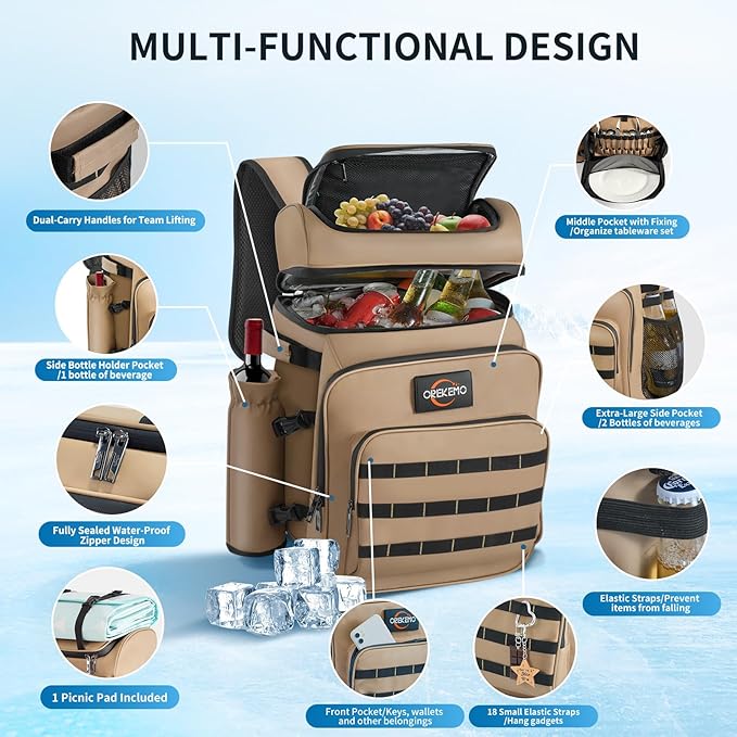 Oversize 45L Insulated Cooler Backpack Waterproof & Leak-Proof Over-Size Storage for Beach, Picnic, Camping, Lunch and Travel, Large Portable Cooler Bag for Outdoor Enthusiasts, Workers, Men & Women