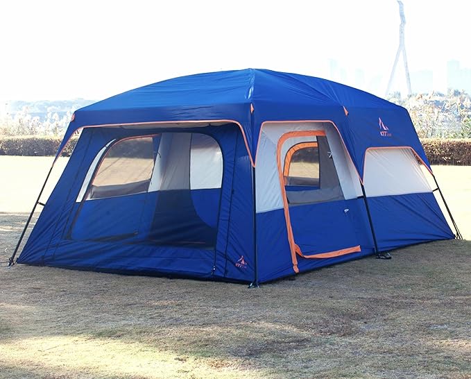 KTT Extra Large Tent 6-10-12-14 Person(Style-B),Family Cabin Tents,2 Rooms,3 Doors and 3 Windows with Mesh,Straight Wall,Waterproof,Double Layer,Big Tent for Outdoor,Picnic,Camping,Family Gathering