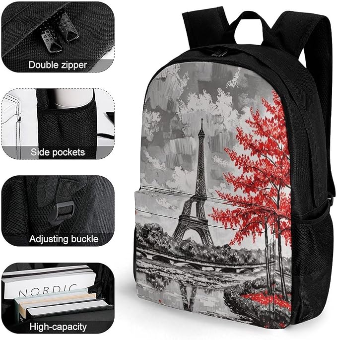 Supdreamc Polyester Daypack for Camping Travel Walking Cycling, Big Capacity Anti-Theft Multipurpose Bookbag, Oil Painting Paris European City Landscape France Eiffel Tower Camping Outdoor Backpack