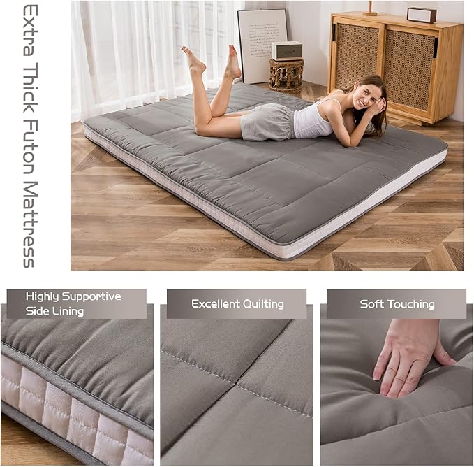 MAXYOYO Futon Mattress, Padded Japanese Floor Mattress Quilted Bed Mattress Topper, Extra Thick Folding Sleeping Pad Breathable Floor Lounger Guest Bed for Camping Couch, Dark Grey, Queen