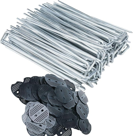 Finderomend 500 Pack Landscape Staples and 50 Pack Gaskets,11 Gauge 6" Galvanized Steel Garden Staples with Black Pads,Landscape Pins Turf Staples for Securing Weed Barrier Fabric Artificial Grass