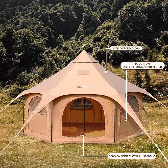 ShinHye 16.4ft Bell Tent for Glamping & Camping – Waterproof Canvas with Stove Jack, Removable Floor & 8 Mesh Windows (Fits 6-8 People)