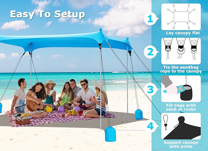 Gorich Beach Tent Sun Shelter with 8 Sandbags, UPF50+ Protection & Windproof Pop Up Beach Canopy Tent Sun Shade for Family, Travel & Camping, Easy Setup Canopy Umbrella