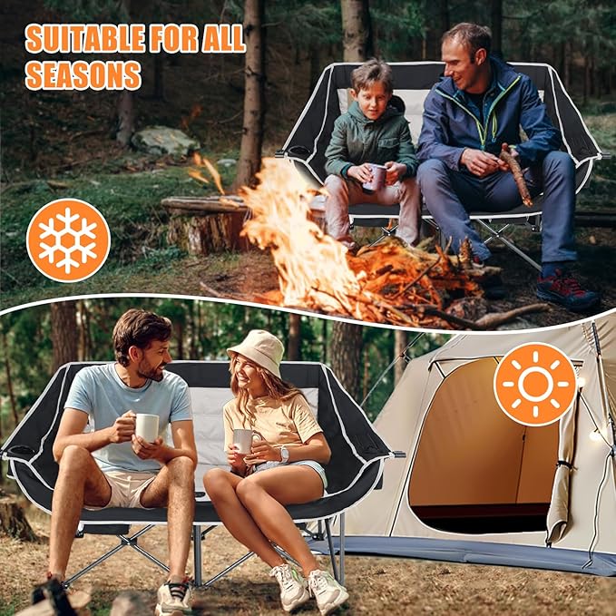 CDEN Heated Camping Chair with Battery, Padded Chair, Oversized Camping Loveseat, Double Camping Chairs, with Cup Holder, Cooler Bag, Wine Holder, Dual Power Banks Included(Black & Gray)