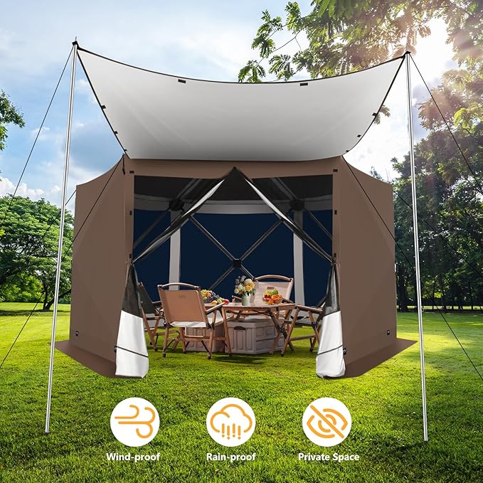 COBIZI 12x12FT Pop Up Gazebo Screen Tent Screen House for Camping, Screen Room with Mosquito Netting, Hub Tent Instant Screened Canopy with Carrying Bag and Ground Stakes, Brown(Upgraded)