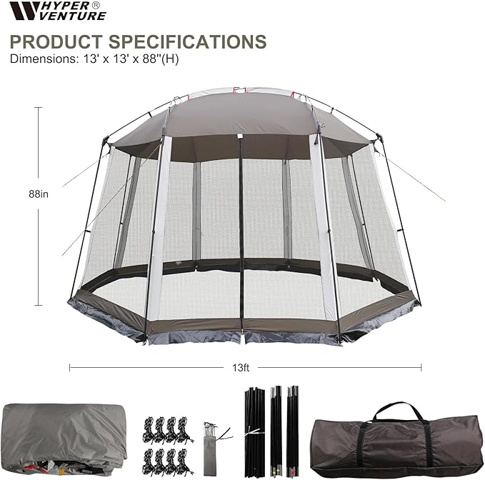 HYPER VENTURE Screen House 13x13 Feet Octagonal Mesh Canopy Camping Gazebo Shelter Tent for 8-10 People Outdoor Party Activities, Grey