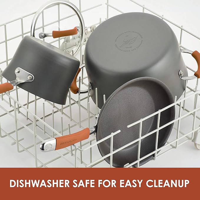 Rachael Ray Cucina Dishwasher Safe Hard Anodized Nonstick Cookware Pots and Pans Set, 12 Piece, Gray with Orange Handles & Cucina Nonstick Bakeware Set, 10 Piece, Latte Brown with Cranberry Red Grips