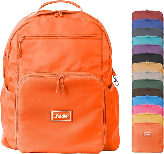 The Foldie Packable Backpack for Travel 32L - Lightweight Foldable Backpacks with Trolly Sleeve & RFID Protection - Water-repellent Casual Daypack Backpacks for Hiking, Camping & Gym - Orange
