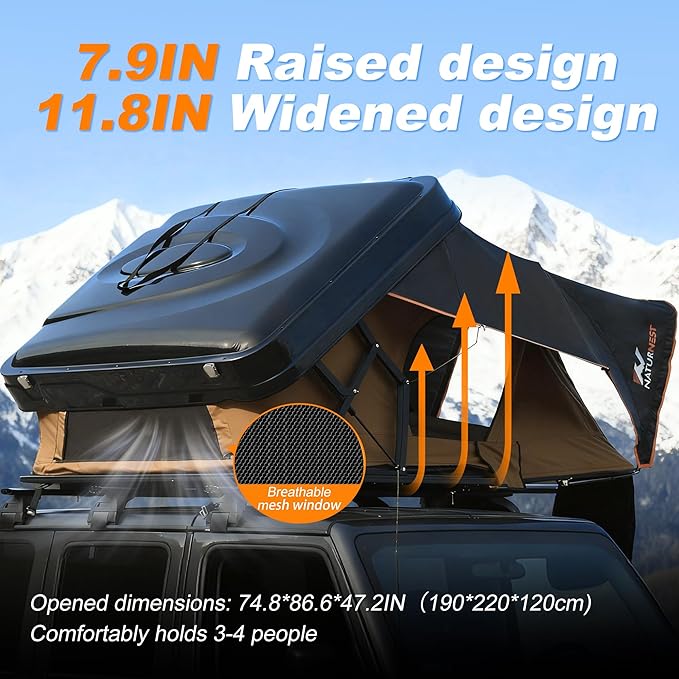Naturnest Rooftop Tent Hard Shell, Easy Set Up Extra Large Roof Tent for 4 Person Camping Top Tents, Waterproof UV-Resistant 4 Season Tents for Truck, Jeep, SUV, Trailer - Sirius 2 XL