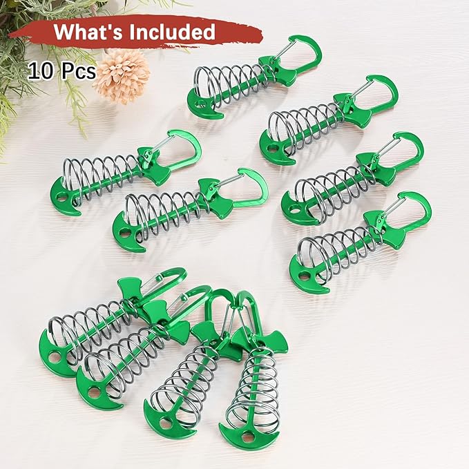 Fishbone Deck Anchor Pegs with Buckles [10PCS] - Aluminium Tent Stakes with Spring Buckle Use for Camping & Hiking - [Green] Windproof Tie Down Tent Stakes