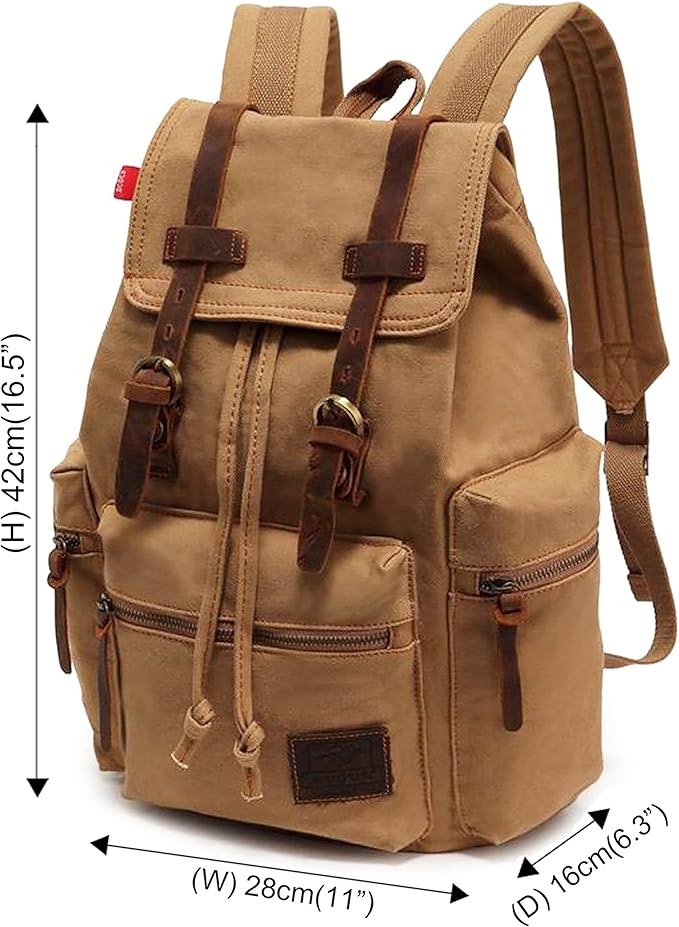 HuaChen Vintage Canvas Travel Backpack with Leather Trim, Laptop Padded Sleeve, Hidden Back Security Pocket, Fits 14-Inch, M32 Khaki
