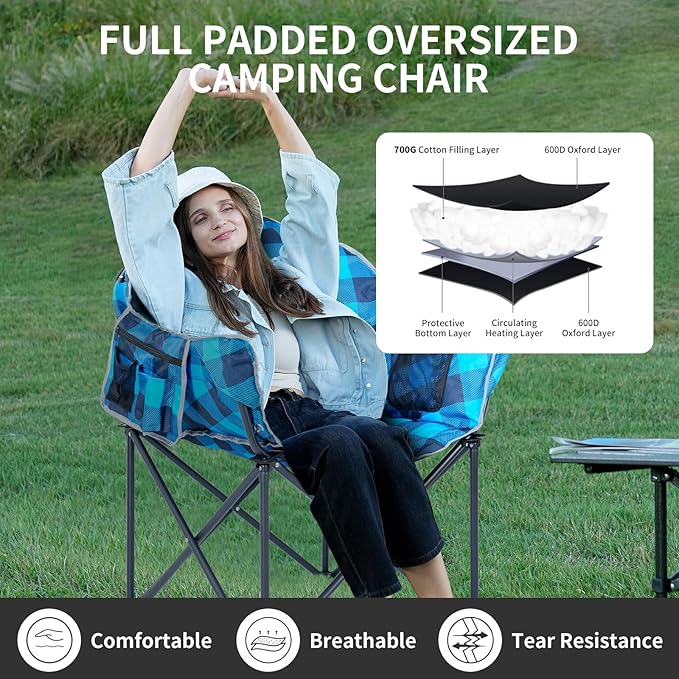 2 Pack Oversized Heated Camping Chair, 3 Heating Levels Portable Folding Camp Chairs with Pillow and Storage Bag, Outdoor Heated Moon Chair for Camping Lawn Patio Beach and Picnics, Blue Grid