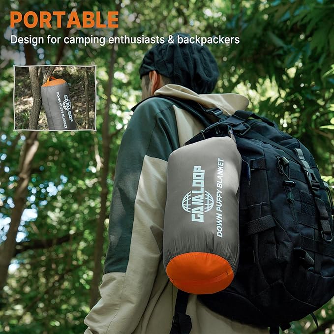 Down Puffy Blanket for 2 Person Car Camping Outdoor Travel Backpacking, 80% Duck Down & 20% Feather Lightweight Portable Soft Warm Cozy Camping Blanket Quilt, Light Gray